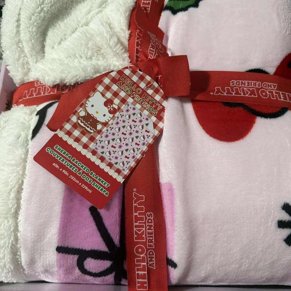 Hello‎ Kitty Christmas Pink Sherpa Backed Twin Blanket NWT/Box 60x90